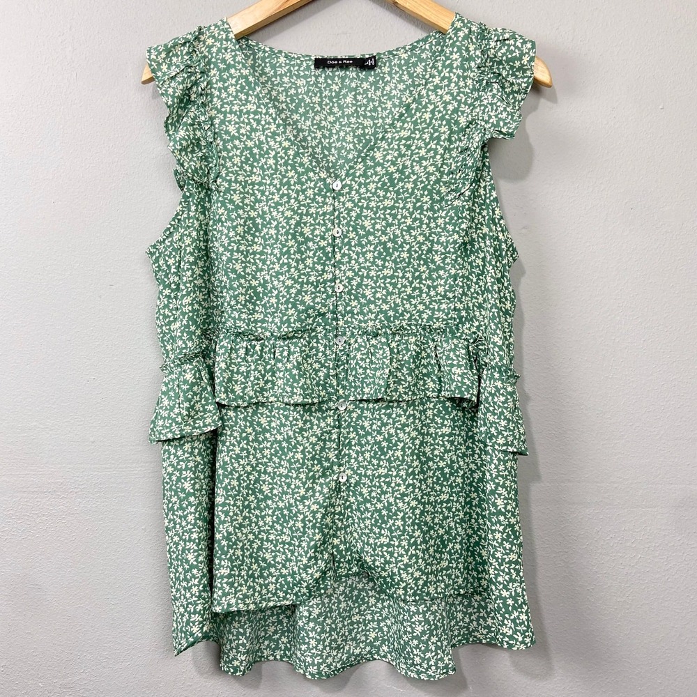 Doe and Rae Blouse Size L Green Ruffle Floral Tiered Babydoll Top Cottagecore